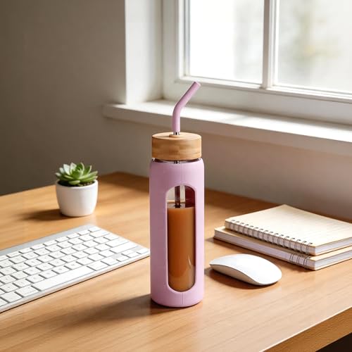 Image of 24 oz Glass Water Bottle with Straw - 2 Lids (Bamboo & Spout Lid), Motivational Borosilicate Glass Daily Water Intake Bottle with Time Marker, Silicone Sleeve for Gym Home Office-Purple