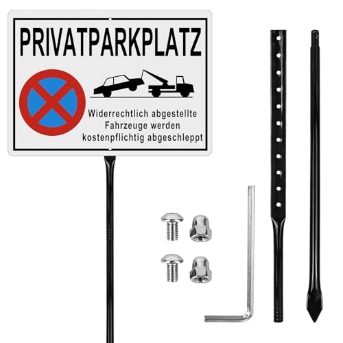 Privatparkplatz Schild mit 90cm Pfosten, 35 * 25cm Parken Verboten Schild mit Montagezubehör, Aluminium Reflektierend, mit Bohrlöcher, für Private Parkplätze