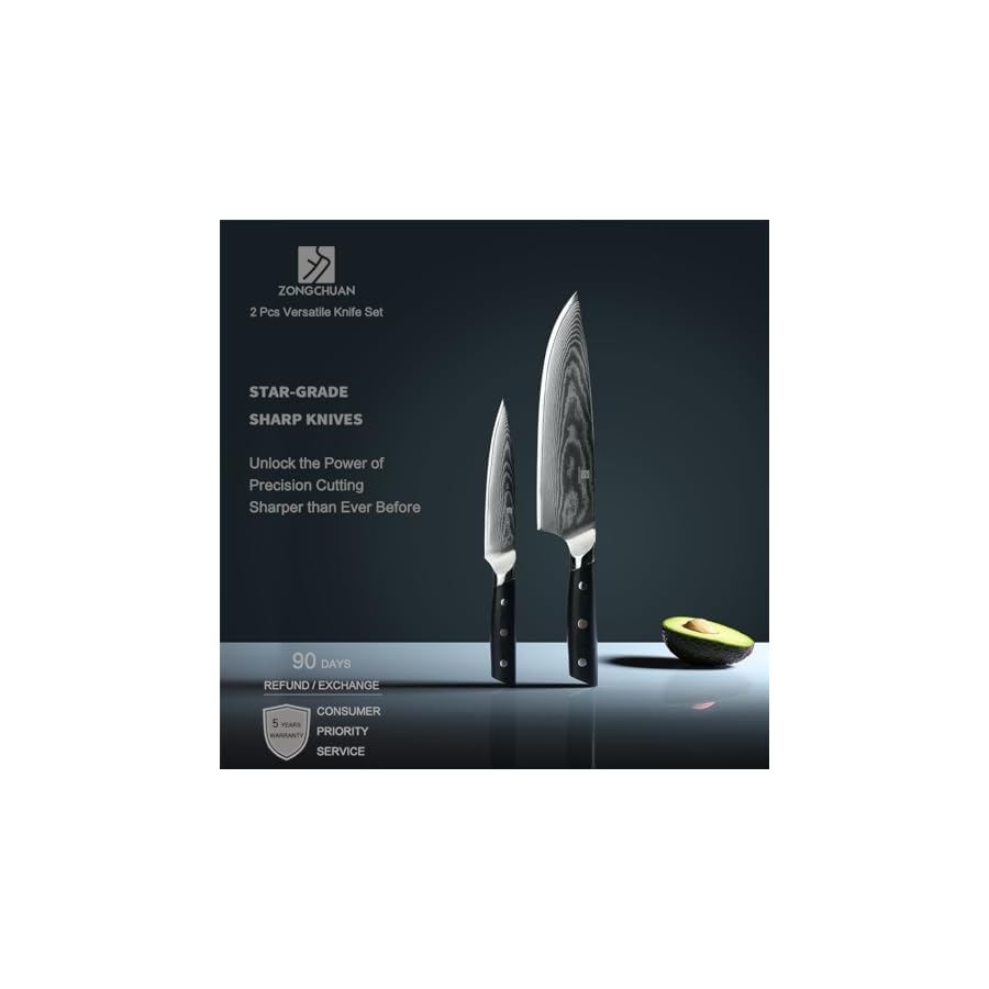 ZongChuan 8C Damascus Kitchen Knife Set 2pc,8" Chef Knife and 5.5" Utility Knife,High Carbon Stainless Steel,5-Star Sharp Standard,Black Ergonomic G10 Handle,Love's Gift Box