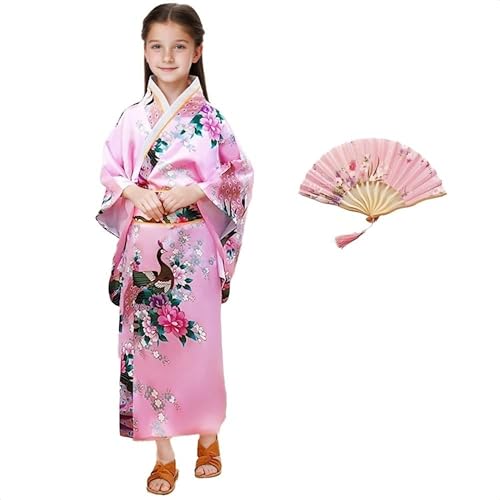Japanese Traditional Dress Kimono Robe Japanese Kimono Costume for 6+Year Kid Girls Traditional Yukata Dress with Silk Fan - Stage Performance Halloween Cosplay(Pink 130)