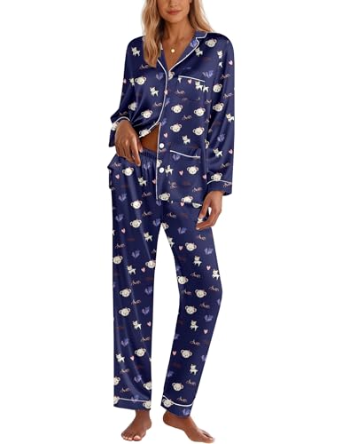 Image of Ekouaer Pajamas for Women Silk Satin Button Down Long Sleeve Pajama Sets