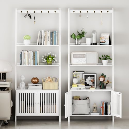 Image of Bookcase with Drawers, 4-Tier Bamboo Bookshelf Ladder Shelf with 6 Hooks, 59.5 inchH x 24.8 inchL x 10.6 inchW, Tall Narrow Freestanding Standing Storage Organizer for Living Room, Office, Bedroom, White