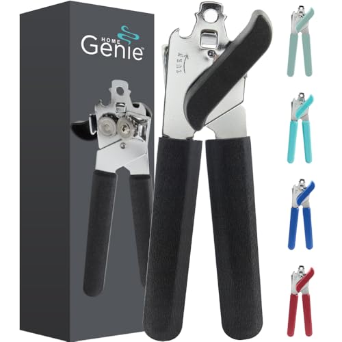 Home Genie Can Opener, Stainless Steel and Rust Resistant Blade, HandHeld Easy Turn Knob, Smooth Edge Cut on Lids, Large Handles with Bottle Top Openers, Kitchen Tool Accessories, Black