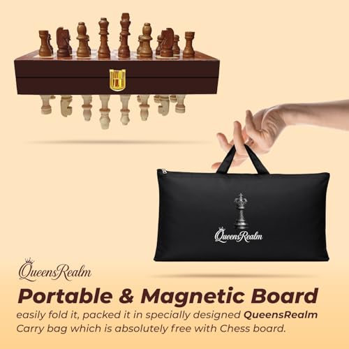 Image of QueensRealm 10 Inch Chess Board Set Wooden Handmade Magnetic Foldable Chessboard for Kids & Adults, Compact & Portable Travel Chess with Inbuilt Storage 2 Players Board Game(10 Inch x 10 Inch- Wooden)