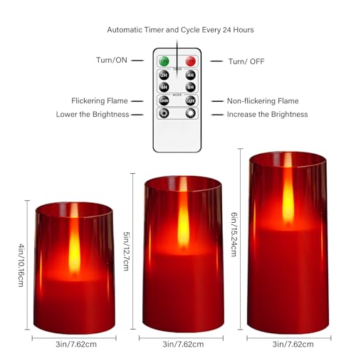 Image of Flameless LED Candles, Upgraded Realistic Flickering Flame Pillar Battery Operated Candles with Remote Timer, Acrylic Electric Set of 3 for Home Decoration and Holiday Celebrations（Red）