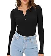 Women's Long Sleeve Henley Tops, Slim Fitted Ribbed Casual Tee Top