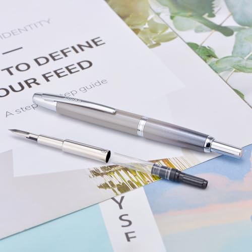 Image of Jinhao 10 Press Fountain Pen with Box, Gradient Grey Retractable Extra Fine Nib with Ink Converter Set (Silver Clip)