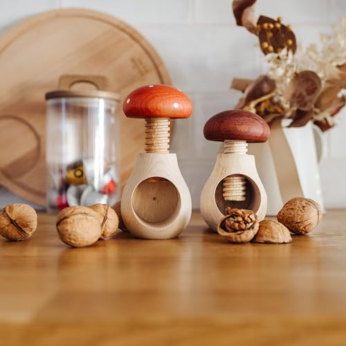 Creative Home Nussknacker Holz Set 2 Stück | Fliegenpilz und Steinpilz Form | 10 x 6 cm | Natürliches Buchenholz | mit Schraubmechanismus | Schraubgewinde | Massiv & Nützlich Nussknack