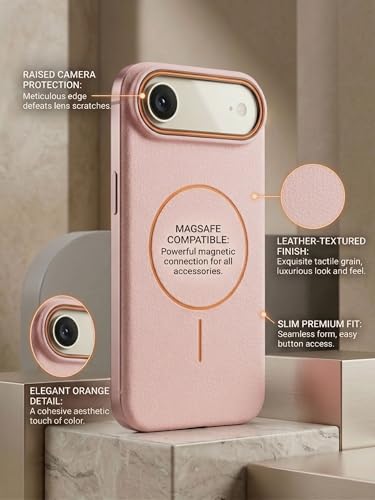 Image of amazon basics Luxury MagSafe Compatible Leather Texture Back Cover for iPhone 17 Air | Raised Camera Protection | Slim Fit Shockproof Case with Metallic Accents (Pink)