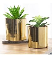 MyGift Handcrafted Shiny Brass Tone Metal Plant Pot Flower Vase, Decorative Indoor Table Planter ...