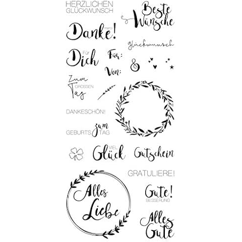 Rayher 50241000 Clear Stamps Viele Wünsche, 22 Motive, klar, transparent, durchsichtig, Stempel Glückwunsch, Silikonstempel, Stempel Geburtstag, Sb-btl. 1bogen, 97x205mm. 22 Motive Cover