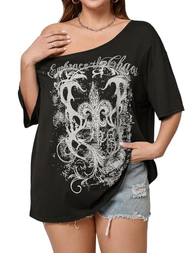 SOLY HUX Women's Plus Size Off The Shoulder Tops Graphic Tees Y2K Clothes Casual Short Sleeve Oversized T Shirts