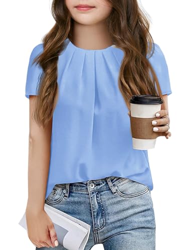 Image of Girls Shirts Summer Short Sleeve Cute Tops Chiffon Pleated Blouses 5-14 Years