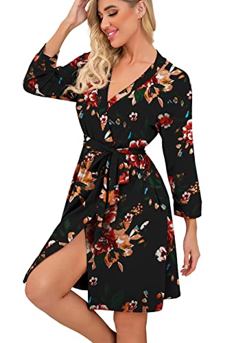 Prinstory Women Kimono Robes Short Lightweight Robe Soft Knit Sleepwear Casual Knit Bathrobe Ladies Loungewear Fp-Brown Black-Medium #TOP2