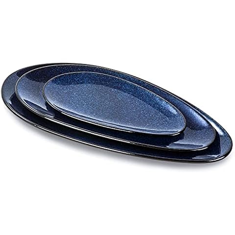 VICRAYS Large Oval Serving Platters, 16"/14"/10" Porcelain Serving Platters for Party, BBQ,Stackable Serving Trays Serving Plates for Appetizers, Sushi, Restaurant, Dessert Shop, Set of 3 (Blue) Cover