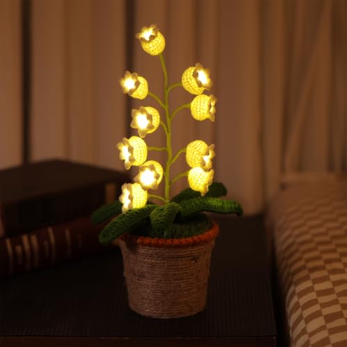 Lámpara de Lirio del Valle,10 Flores Artificiales de Ganchillo con Luces nocturnas, Lirio de Valle Falso,macetas Incluidas, para Regalo,cumpleaños,decoración del hogar de Escritorio (lámpara cálida)