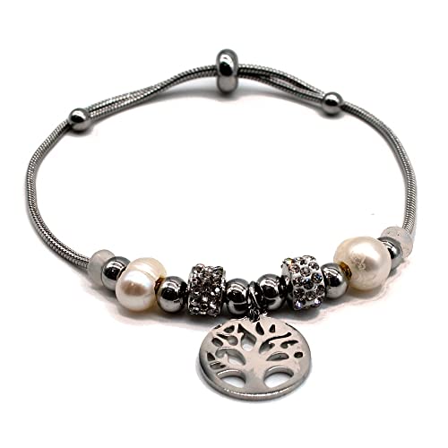 Pulsera plata del árbol de la vida con cuentas, abalorios, brillos y bolas....