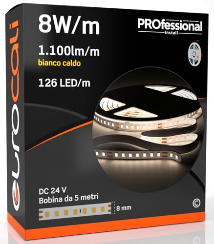 Eurocali Striscia LED 5 metri Professionale 24V 40W 8 W/mt - Striscia Monocolore da 630 LED 126 LED/mt e 5500 Lumen 1100 Lm/mt 137 Lm/W - Bianco Caldo 3000K