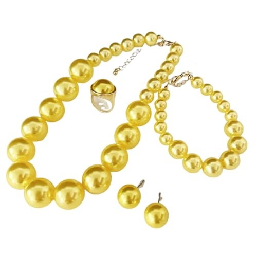 xuzhiyuan Statement Pearl Jewelry Set for Women - Includes Necklace, Bracelet, Earrings, and Ring | Colorful Faux Pearl Fashion Jewelry Set for Party, Wedding, Daily Wear (Yellow)