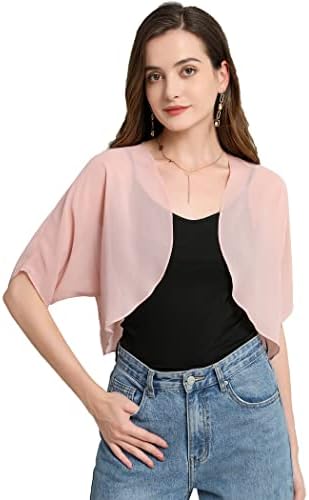Zudanal Women Shurg Soft Chiffon Sheer Bolero Shrug Open Front Short Sleeve Cardigans for Evening Dress Blush L