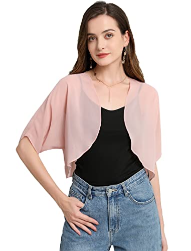Zudanal Women Shurg Soft Chiffon Sheer Bolero Shrug Open Front Short Sleeve Cardigans For Evening Dress Blush L #TOP30