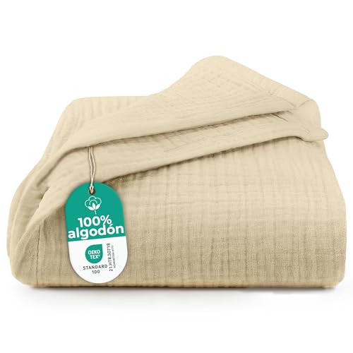 Dreamzie Manta Sofa de Muselina 127x177 cm - 100% Algodon - Manta Ligera y Transpirable - Mantas para Cama y Cubre Sofa en Gasa de Algodon Oeko-Tex - Beige