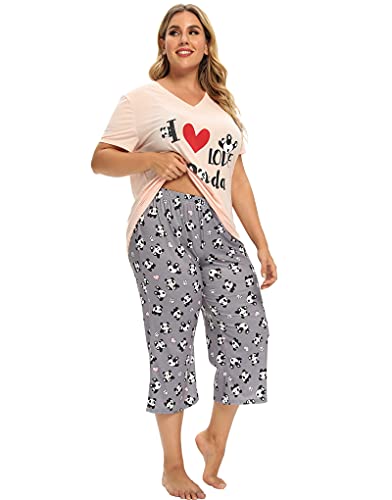 Image of Vozanet Women's Pajamas Set Soft V Neck Sleepwear Top and Capri Pj Lounge Sets Cartoon Heart Shape Cat Nighty Plus Size
