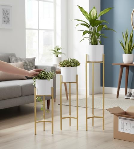 Image of Planters for Indoor Planters Indoor Plant Stands with Pots (White /Gold (Tall Stands) Set of 3)