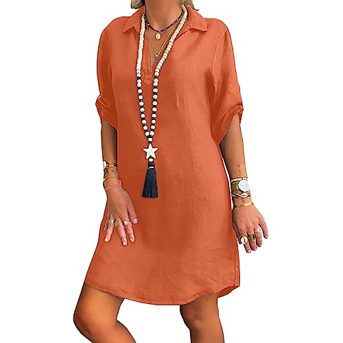 Leinenkleid Damen Sommer - Sommerkleid Knielang Tshirt Kleid Große Größen Blusenkleid mit Knöpfen V-Ausschnitt Revers Baumwolle Leinen Einfarbige...