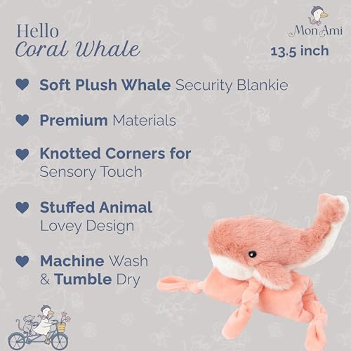 Image of MON AMI Coral Whale Plush Lovey for Babies | 13.5-Inch Knotted Security Blanket | Soft Plush Snuggle Toy for Babies | Perfect Newborn Essential for Birthdays & Baby Showers