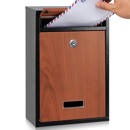KYODOLED Wall Mount Mailbox with Lock for Outside, Key Locking Mailbox Enhances Security, Featuring Woodgrain Painted Exterior Adds Elegance, Ideal Drop Box for Home or Apartment, 8.5''x3.3''x12.4'' - Thumbnail 4