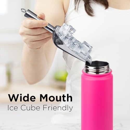 Image of ThermoProof Double-Walled Vacuum Insulated Stainless Steel Water Bottle - Wide Mouth with Chug & Spout Lids, Dishwasher Safe, Reusable, Leakproof, Hot & Cold for Men, Women & Kids - 22oz, Neon Pink