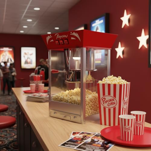 Image of Large Commercial Popcorn Machine: 12 Oz Popcorn Maker with 3-Switch Control Movie Theater Style Makes Up to 48 Cups for Home Party Office, Red