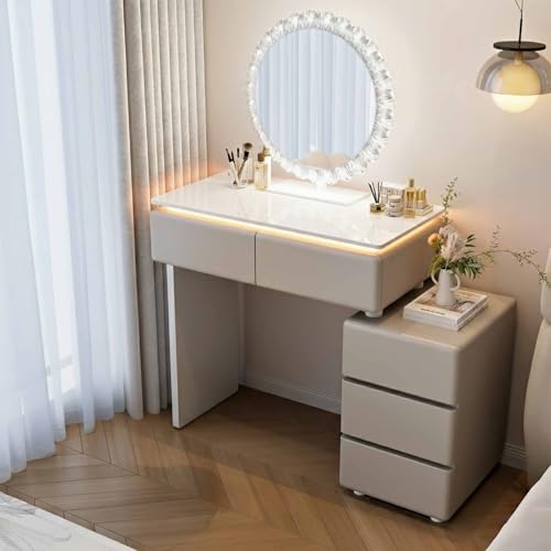 HSSTYLE Tocador de Maquillaje con Luces LED, Mesa de tocador con Espejo y Luces, tocador Compacto y pequeño para Dormitorio o Sala de Estar.,Gris,80 * 40 * 76cm