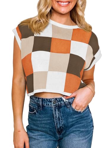 Image of Saodimallsu Womens Cap Sleeve Crop Tops Summer Color Block Going Out Crew Neck Knit Trendy Casual Sweater