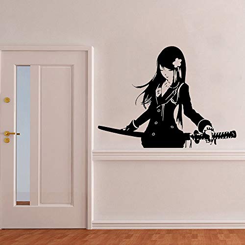 Sabunu Samurai Schoolgirl Katana Wall Sticker Vinyl Interior Art Home Decor Room Wall Decal Removable Mural Black Wall Sticker 57X42Cm #TOP17