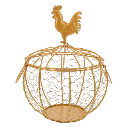 LABRIMP Farmhouse Metal Wire Egg Basket with Lid and Double Handle, Vintage Rooster Decorative Kitchen Countertop Organizer for Egg and Fruit Storage