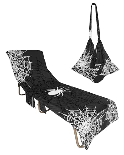 Halloween Beach Lounge Chair Towel Cover, Soft Chaise Lounge Towel with Side Pockets Patio Pool Chairs Cover for Beach/Pool Sunbathing 29x85 Black and White Net Gray