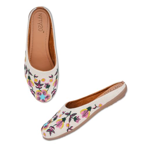 NYTY20 Women's Ethnic Cream Embroidered Mules | Slip-On Juttis for Casual Comfortable Flat Mojaris