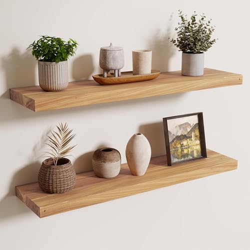Image of Floating Shelves for Wall, 32in Reclaimed Elm Wood Shelves, Natural, 2PCs | 8'' D Rustic Solid Elm Wood Shelves for Storage, Wall Mounted Display Shelving with Invisible Heavy-Duty Metal Bracket