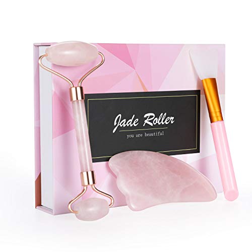 Sopownic Jade Roller Gua Sha Rullo di Giada Pietra Massaggio, Massagiatore Facciale Jade Roller Rosa Quarzo Viso Giada Massaggio Strumento Pietra per Anti-Invecchiamento Collo Wrinkgless