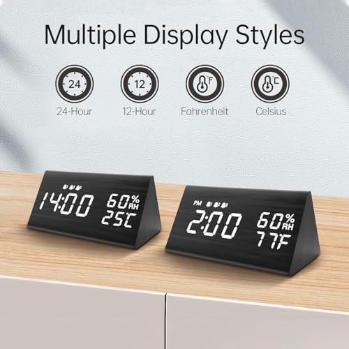 Image of Digital Alarm Clock, with Wooden Electronic LED Time Display, 3 Alarm Settings, Humidity & Temperature Detect, Wood Made Electric Clocks for Bedroom, Bedside (Black)