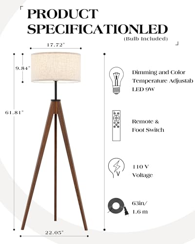 Image of ELYONA Ash Wood Tripod Floor Lamp Stepless Dimmer & Color Temperature, Remote Control Mid Century Modern Coner Standing Lamp Linen Shade for Living Room Bedroom Office, LED Bulb Included, Walnut