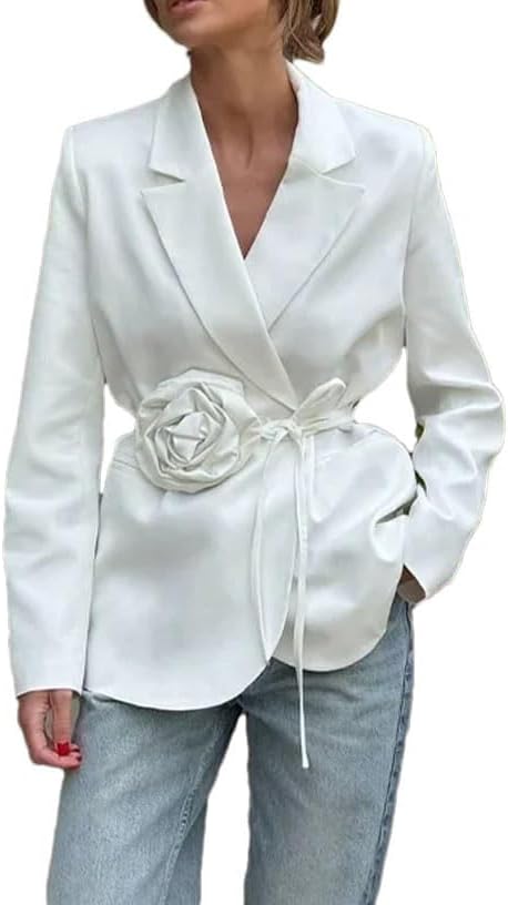 Women Floral Lace Up Blazer Lapel Long Sleeve Loose Coat Elegant Office Street Casual Jackets