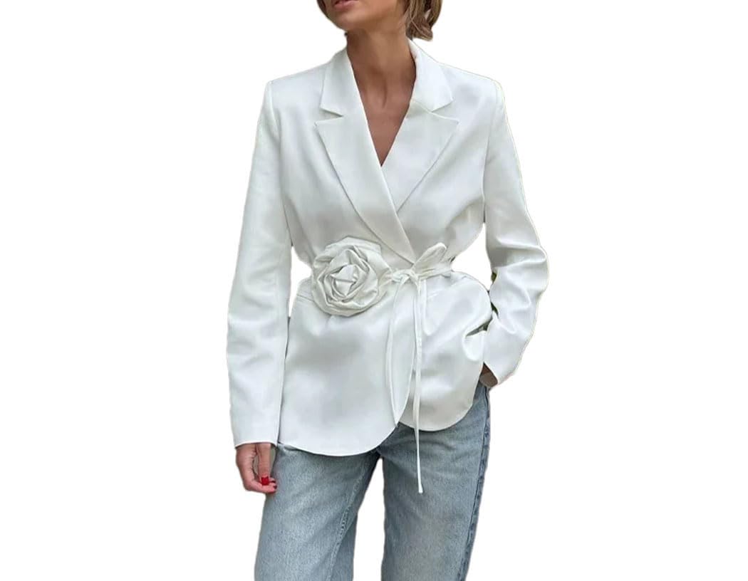 Women Floral Lace Up Blazer Lapel Long Sleeve Loose Coat Elegant Office Street Casual Jackets