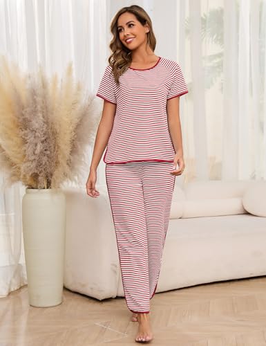 Image of Womens Pajama Sets Cotton 2 Piece Lounge Set Stripe Short Sleeve Pj Set Comfy Loungewear Sleepwear with Pockets