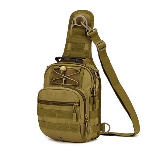 HUNTVP Taktische Brusttasche Militärisch Schultertasche Military Chest Pack Slingrucksack Molle Crossbody Bag Umhängetasche Mini mit Verstellbar Schultergurt für Reise Wandern Outdoor, Typ-1 Braun