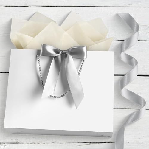 Image of JMANNI White Gift Bags with Handles, 13 inch Medium Gift Bag for Presents, 2 Pcs Bags with 4 Tissue Paper and 2 Cards for Baby Shower Wedding Bridal Shower Mother's Day Birthday Party (white)