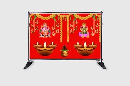 Image of Ganeshji with Goddess Laxmi MATA Diya Lamp Design Backdrop Cloth for Diwali Pooja Decoration Traditional Deepavali Festival Curtain for Festival Size 5Feet Height and 8Feet Width(5 * 8)