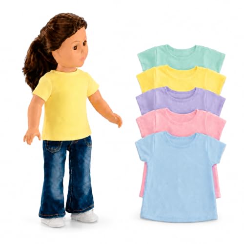 Emily Rose 18-Inch Doll Clothes 5-Pack Pastel T-Shirts - DIY Craft Kit with Pink Blue Green Yellow & Purple Tees Boxed USA Brand